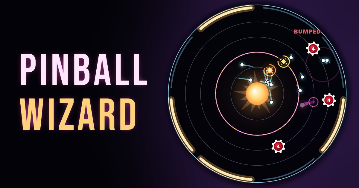 Pinball Wizard: a round pinball table with a glowing core, balls in flight and lit rim lamps